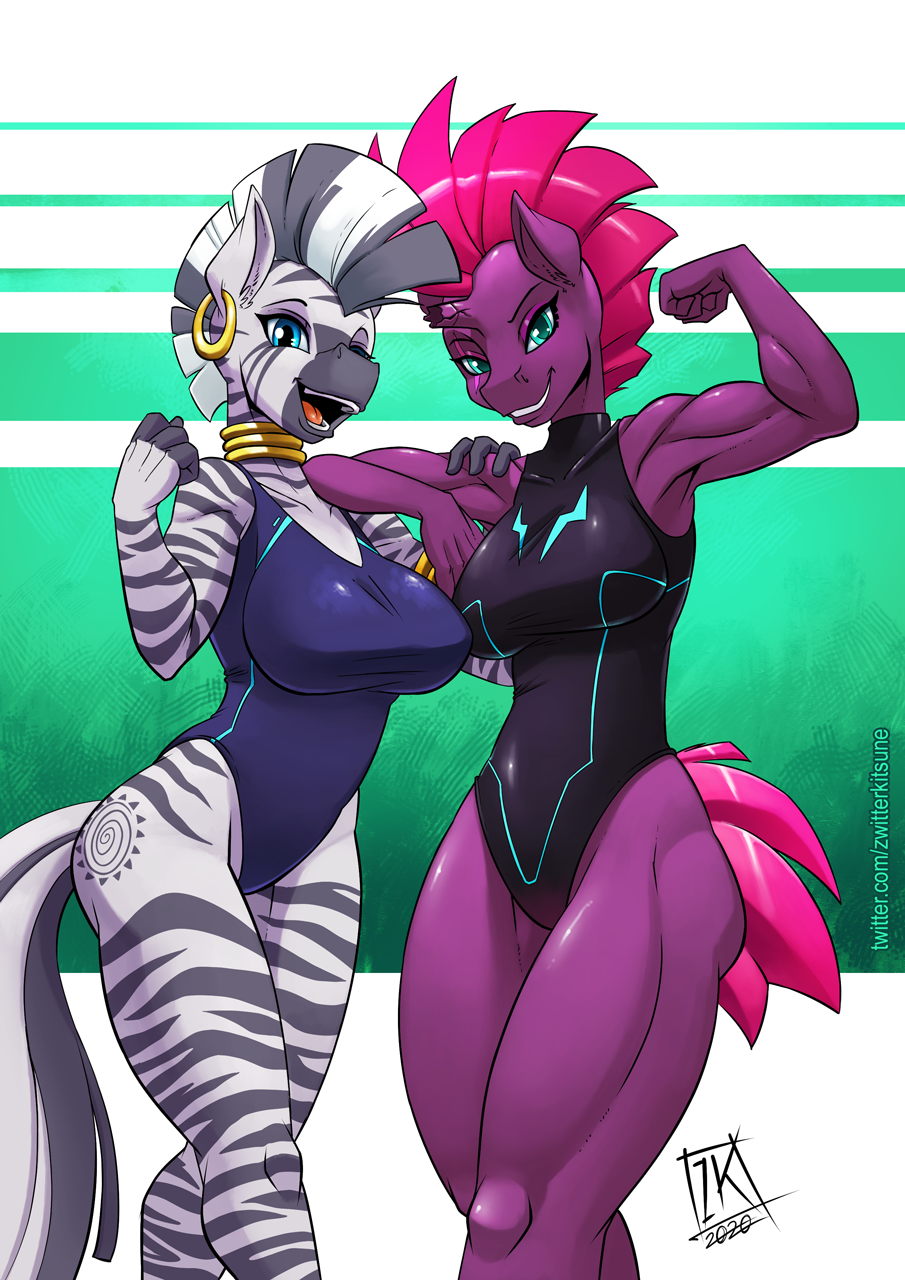 2020 4_fingers anthro anthrofied black_stripes blue_eyes breasts broken_horn clothed clothing cutie_mark digital_media_(artwork) duo ear_piercing ear_ring equid equine female fingers friendship_is_magic hair hi_res horn jewelry looking_at_viewer mammal mohawk_(hairstyle) multicolored_hair muscular muscular_female my_little_pony my_little_pony:_the_movie_(2017) one-piece_swimsuit open_mouth open_smile piercing pink_hair signature smile stripes swimwear tempest_shadow_(mlp) text two_tone_hair unicorn url zebra zecora_(mlp) zwitterkitsune