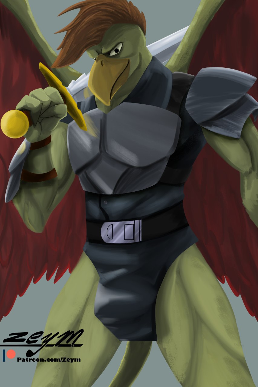 2020 armor beak belt bracers bulge clothed clothing digital_media_(artwork) disney gargoyle gargoyles griff_(gargoyles) hair hi_res holding_object looking_at_viewer male melee_weapon membrane_(anatomy) membranous_wings muscular shoulder_armor simple_background smile solo sword topwear weapon wings zeym