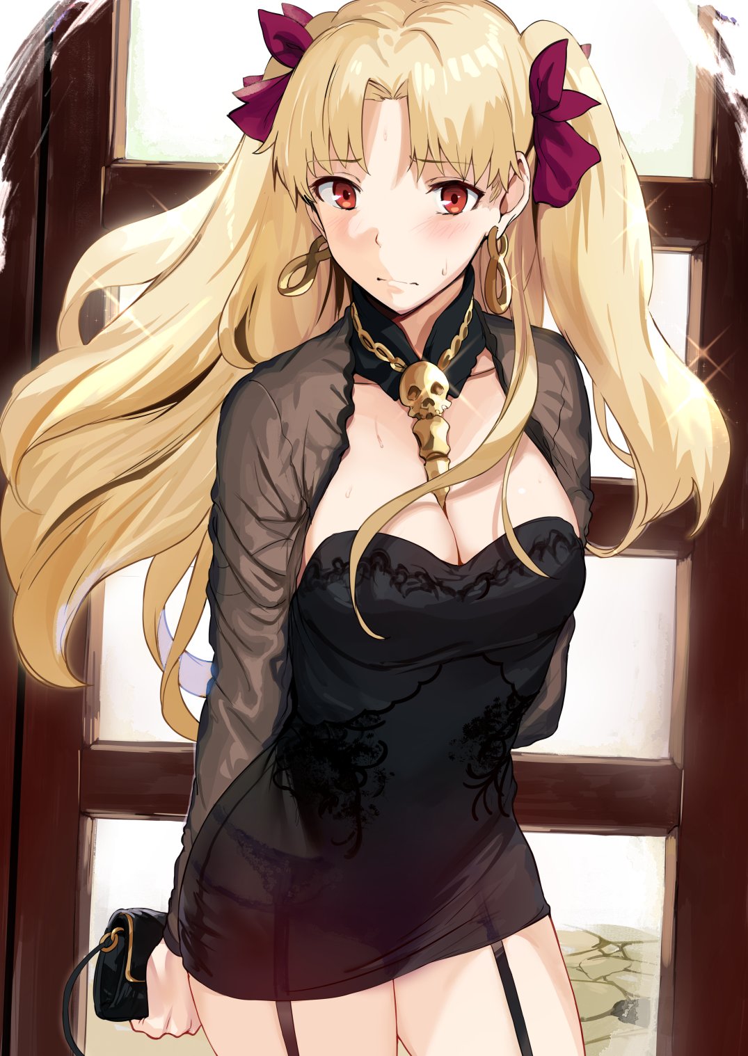 1girl arms_behind_back bag bangs between_breasts black_dress blonde_hair blush bow breasts brown_eyes cleavage closed_mouth commentary_request detached_collar detached_sleeves dress earrings ereshkigal_(fate/grand_order) fate/grand_order fate_(series) garter_belt garter_straps hair_bow handbag hews_hack highres jewelry large_breasts long_hair parted_bangs see-through sheer_clothes skull_necklace sweatdrop thighhighs thighs twintails two_side_up