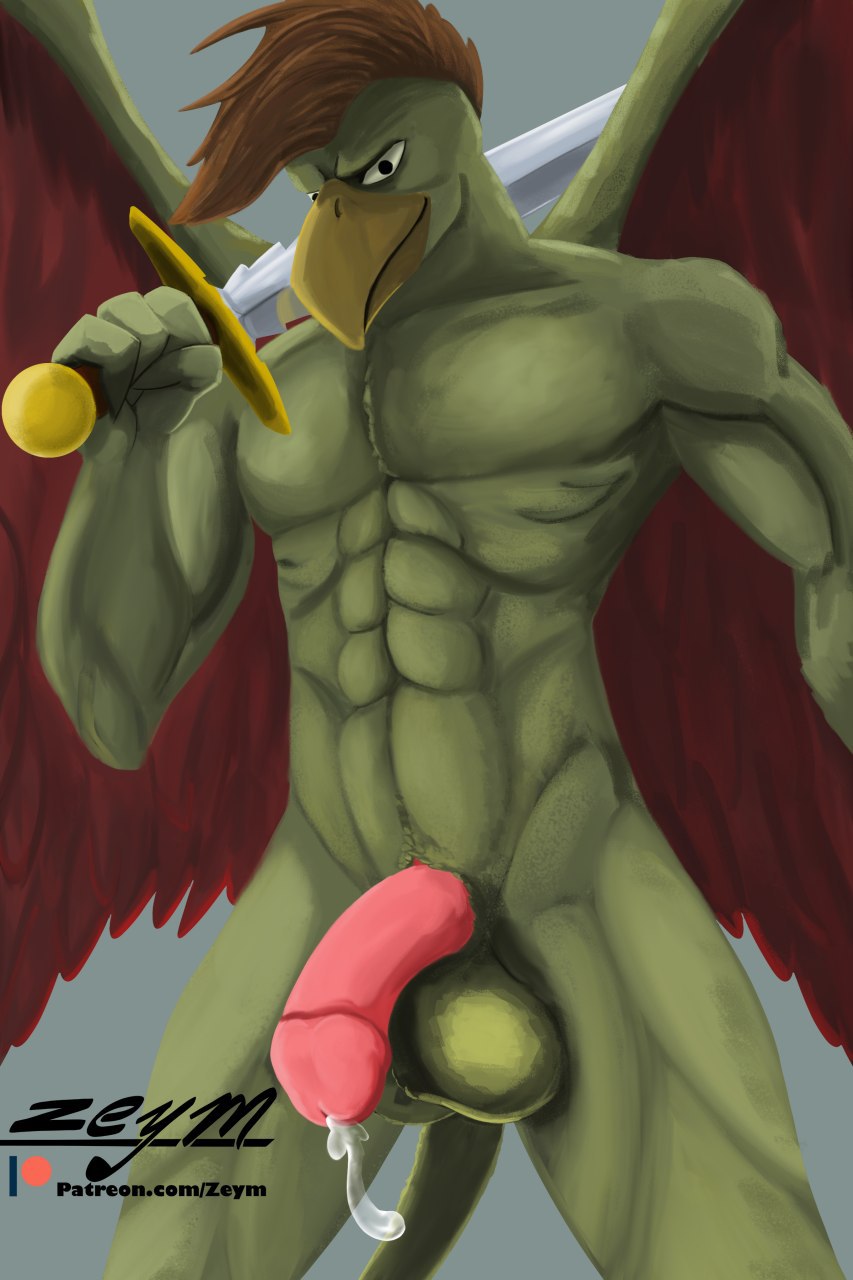 2020 abs anthro avian balls beak biceps big_penis bird bodily_fluids brown_hair claws cum digital_media_(artwork) disney erection feathered_wings feathers fingers gargoyle gargoyles genital_fluids genitals griff_(gargoyles) gryphon hair hi_res holding_object holding_weapon humanoid_genitalia looking_at_viewer male melee_weapon membrane_(anatomy) membranous_wings muscular mythological_avian mythology nude pecs penis simple_background smile solo standing sword weapon wings zeym