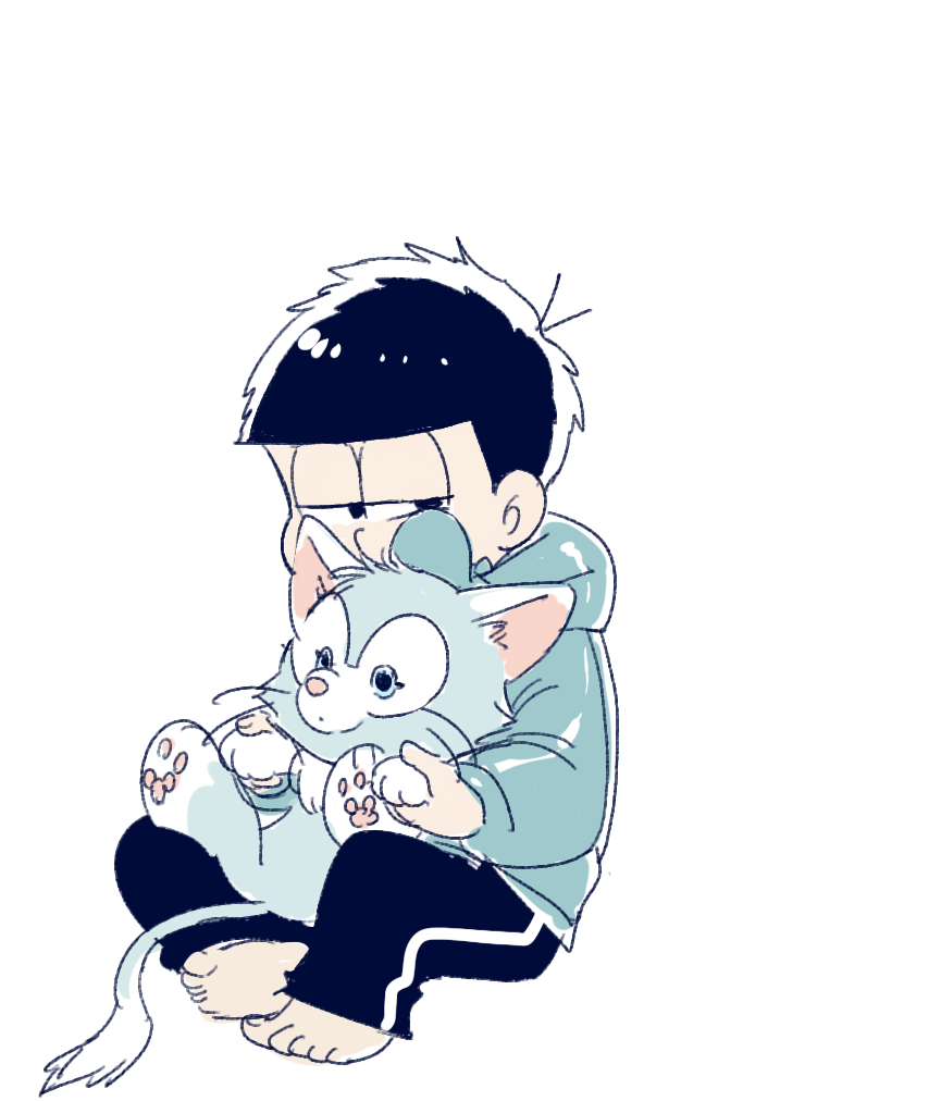 1boy barefoot disney gelatoni half-closed_eyes holding holding_stuffed_animal hood hood_down hoodie jikuno long_sleeves looking_at_viewer male_focus matsuno_ichimatsu messy_hair negative_space osomatsu-kun osomatsu-san pants simple_background sitting solo stuffed_animal stuffed_toy sweatpants white_background