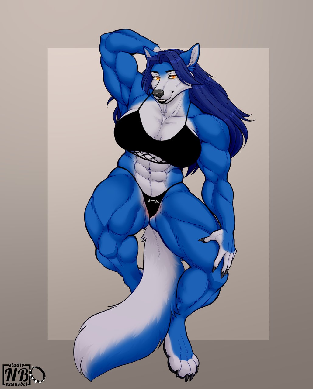 abs anthro bedroom_eyes big_breasts breasts canid canine canis clothed clothing female hi_res hopey looking_at_viewer mammal muscular muscular_female narrowed_eyes nasusbot pose seductive wolf