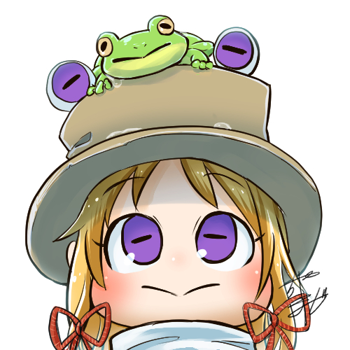 1girl :&gt; animal_on_head avatar_icon blonde_hair blush chamaji close-up commentary_request eyebrows_visible_through_hair face frog frog_eyes hair_ribbon hat looking_at_viewer lowres moriya_suwako on_head purple_eyes ribbon signature simple_background solo touhou tress_ribbon white_background