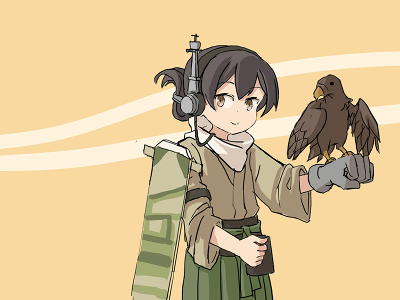 1girl 1other adrian_ferrer bangs beige_background bird blue_ribbon brown_eyes commentary english_commentary falcon flight_deck folded_ponytail gloves green_hakama green_kimono grey_gloves hair_ribbon hakama hakama_skirt japanese_clothes kantai_collection kasuga_maru_(kantai_collection) kimono long_hair looking_at_viewer ribbon single_glove smile swept_bangs taiyou_(kantai_collection) tareme two-tone_background