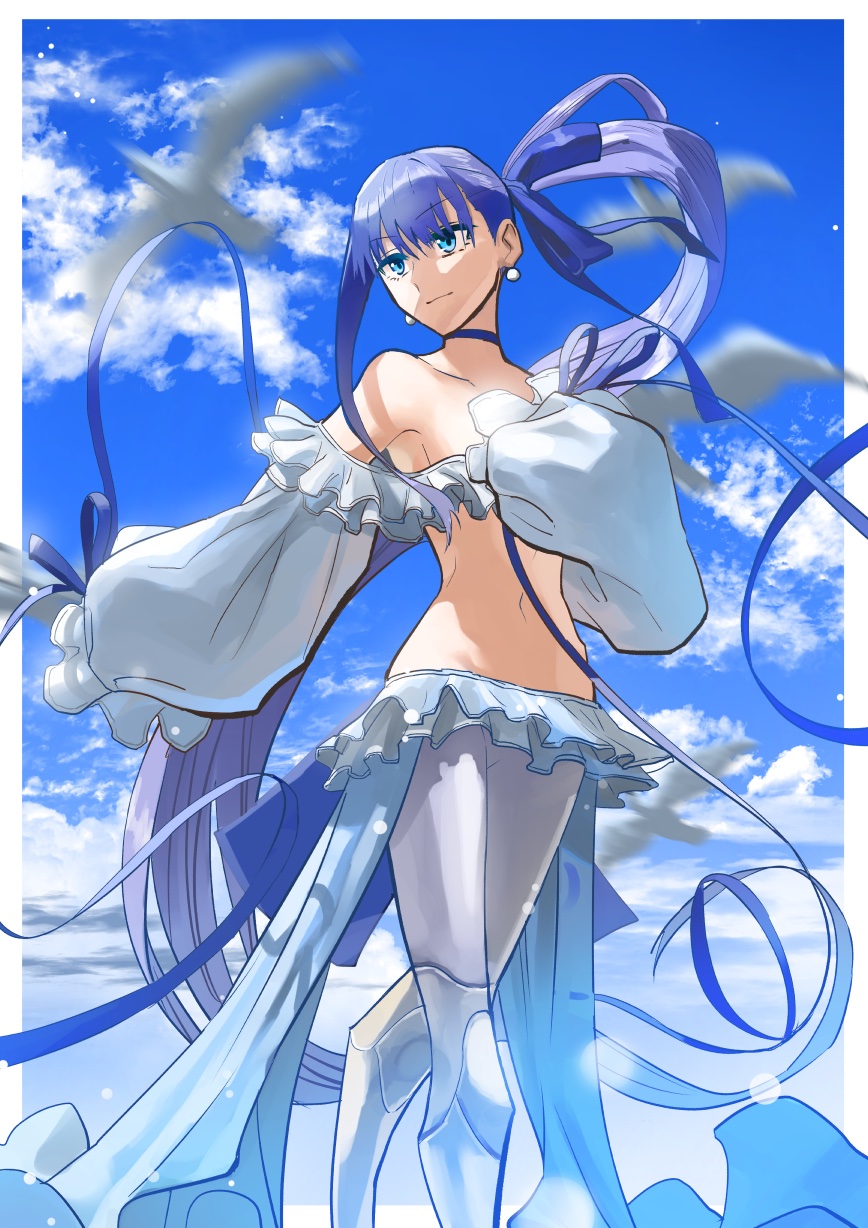 1girl bangs bare_shoulders bikini bird blue_eyes blue_ribbon blue_sky breasts closed_mouth collarbone day earrings fate/grand_order fate_(series) frilled_bikini frills greaves hair_between_eyes hair_ribbon highres jewelry long_hair long_sleeves looking_at_viewer meltryllis meltryllis_(swimsuit_lancer)_(fate) navel pantyhose puffy_sleeves purple_hair revision ribbon seagull side_ponytail sky sleeves_past_fingers sleeves_past_wrists small_breasts smile solo summer_sky swimsuit thighs very_long_hair white_legwear