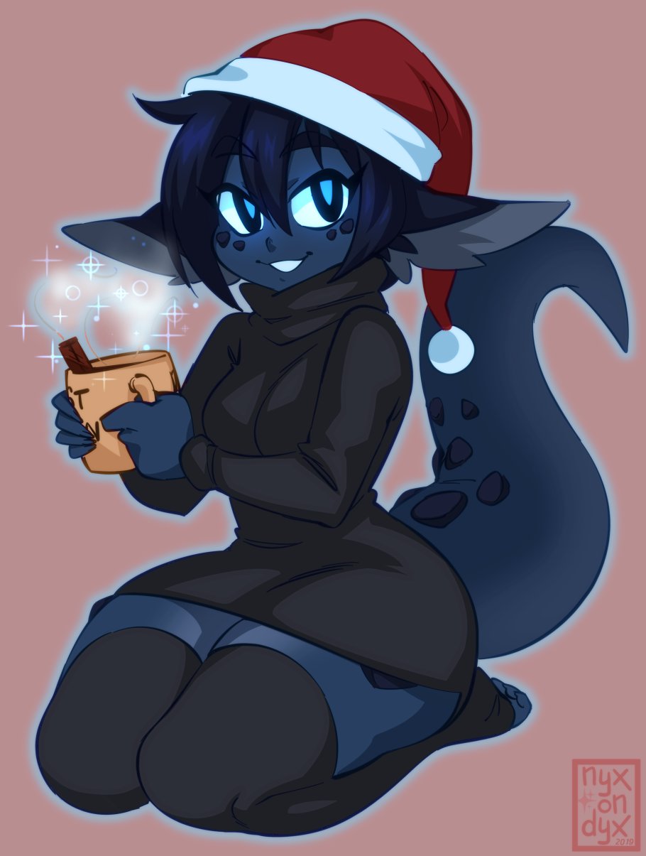 animal_humanoid beverage breasts christmas clothing cup dark_skin dragon dragon_humanoid female hat headgear headwear hi_res holidays humanoid kneeling legwear looking_at_viewer nyxon santa_hat scalie small_breasts smile smolder solo thick_thighs thigh_highs turtleneck_sweater wide_hips