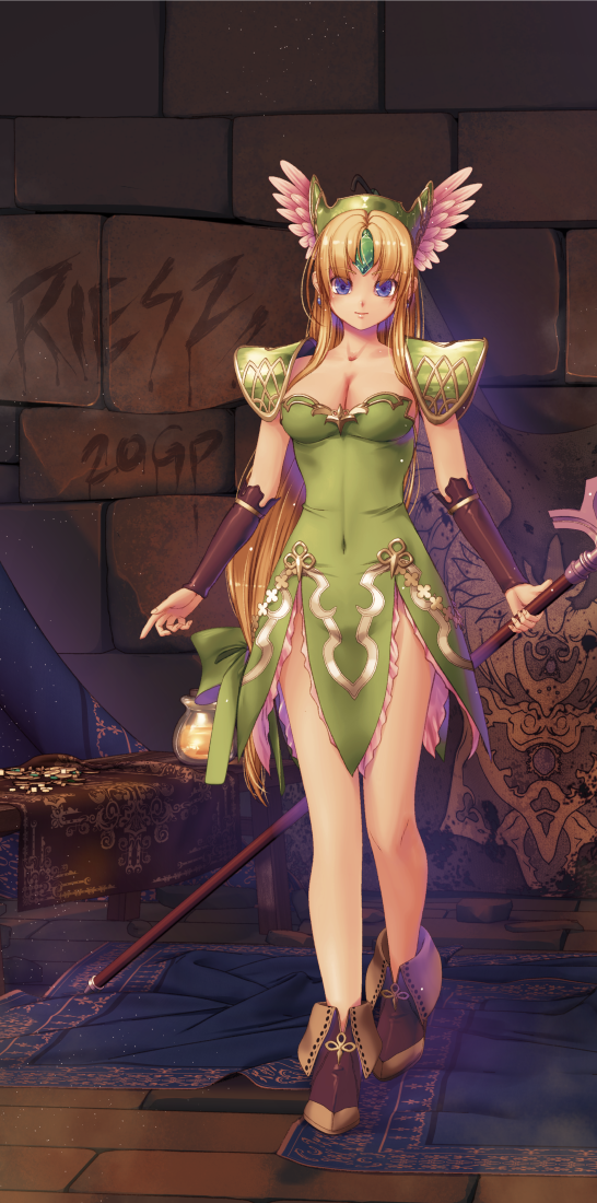 1girl blonde_hair breasts bridal_gauntlets carpet cleavage collarbone commentary_request crystal dress eyebrows_visible_through_hair flag green_dress hair_between_eyes head_wings headgear holding holding_weapon indoors kirishima_satoshi looking_at_viewer medium_breasts polearm purple_eyes riesz seiken_densetsu seiken_densetsu_3 shoes shoulder_armor sleeveless sleeveless_dress solo strapless strapless_dress trident wall weapon