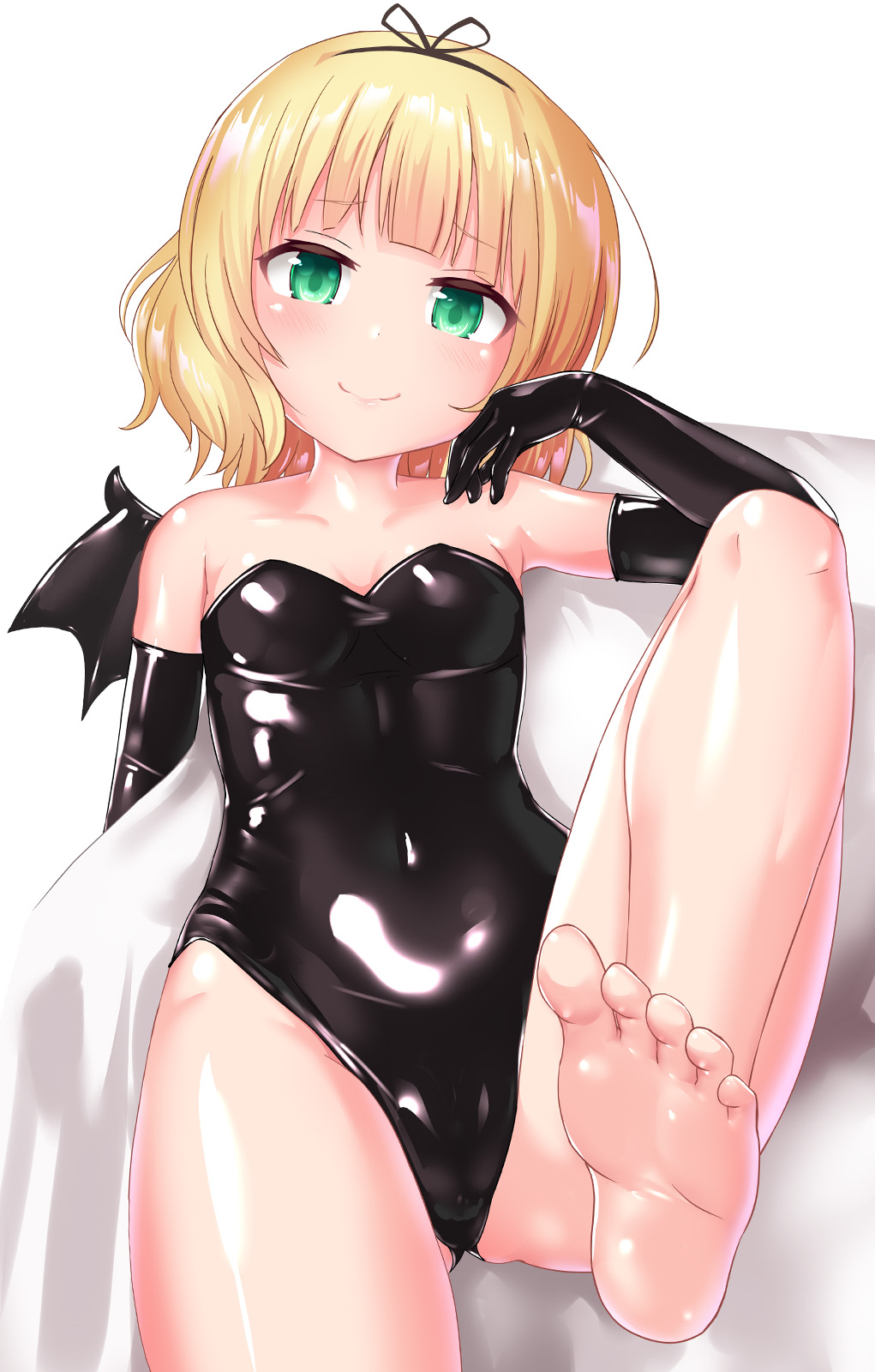 1girl arm_rest ass_visible_through_thighs bare_shoulders black_gloves black_leotard blonde_hair breasts collarbone commentary_request covered_navel demon_wings elbow_gloves eyebrows_visible_through_hair gloves gochuumon_wa_usagi_desu_ka? green_eyes hair_ribbon highres kirima_sharo latex leg_up leotard looking_at_viewer naka ribbon shiny shiny_clothes shiny_skin short_hair simple_background sitting small_breasts smile solo white_background wings