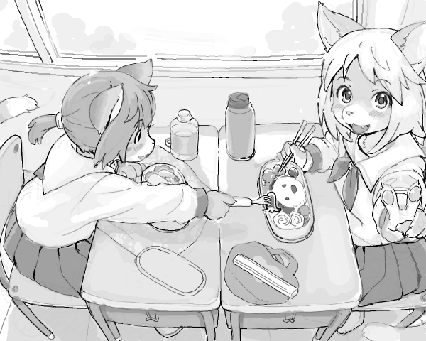 2015 5:4 anthro bento_box bottomwear clothed clothing digital_media_(artwork) duo felid feline food fur greyscale hair kikurage looking_at_viewer mammal monochrome school_uniform skirt smile topwear uniform