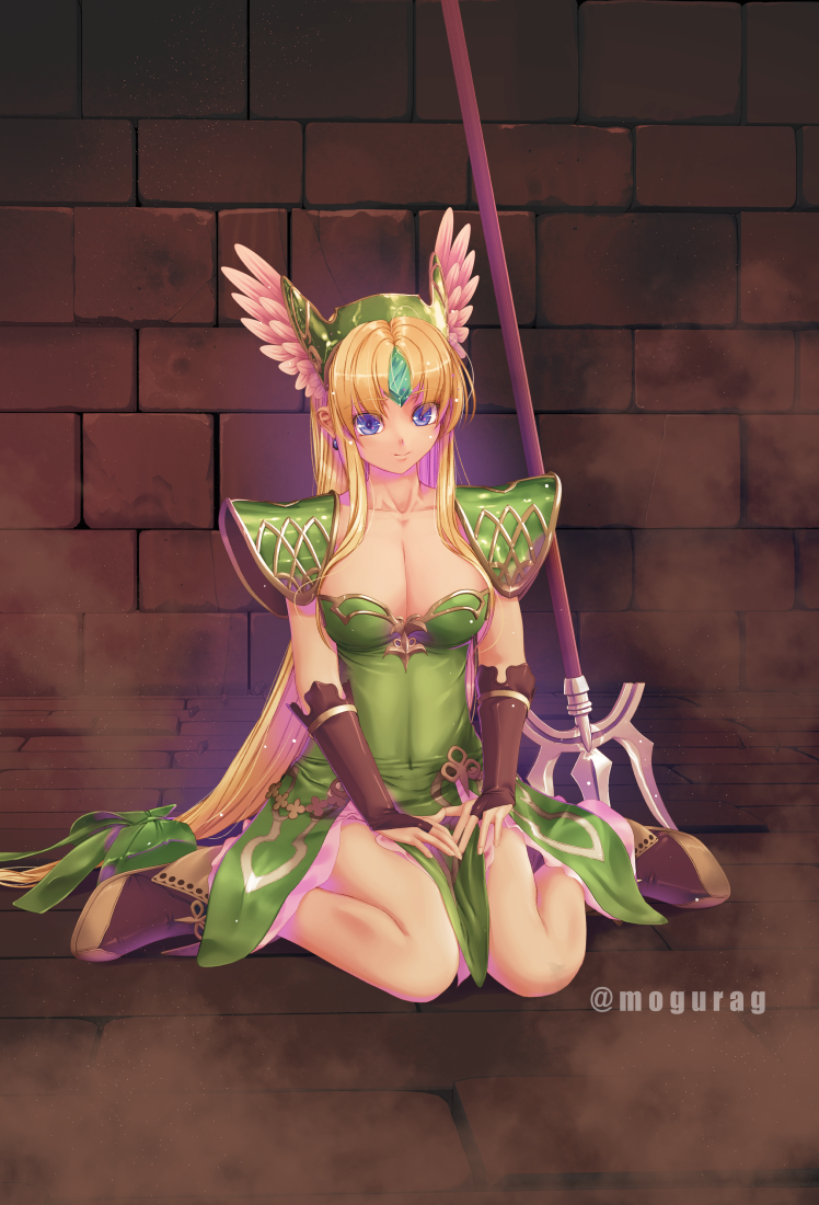 1girl blonde_hair blue_eyes bow breasts bridal_gauntlets carpet cleavage collarbone crystal dress earrings eyebrows_visible_through_hair feathers flag glowing green_bow green_dress hair_bow hair_feathers hands_on_thighs headgear indoors jewelry kirishima_satoshi long_hair looking_at_viewer medium_breasts polearm riesz seiken_densetsu seiken_densetsu_3 shoes shoulder_armor sidelocks sitting sleeveless sleeveless_dress smile solo strapless strapless_dress trident twitter_username very_long_hair wall wariza weapon