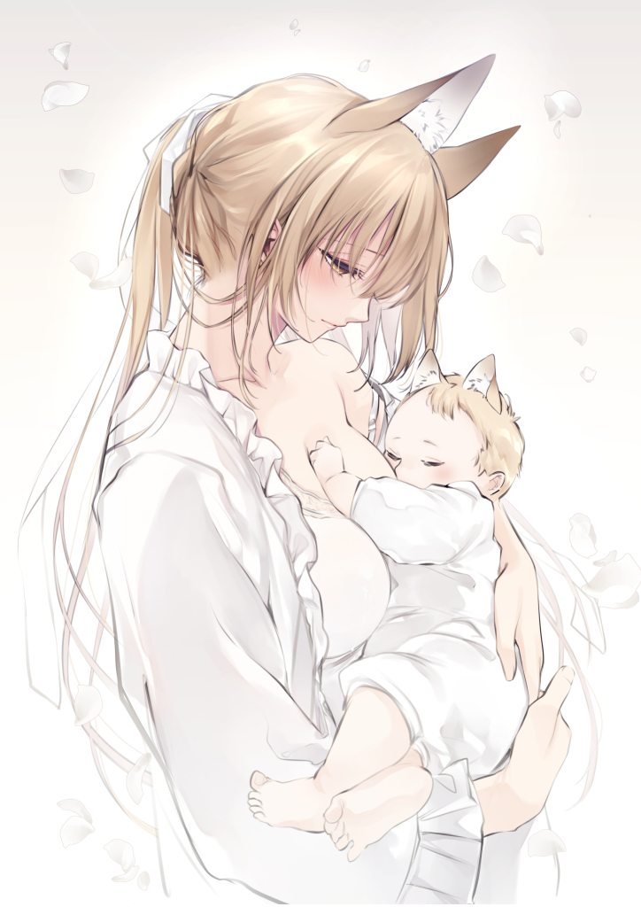 4_ears accessory ambiguous_gender animal_humanoid baby barefoot big_breasts blonde_hair bra breastfeeding breasts canid canid_humanoid canine canine_humanoid carrying clothed clothing cradling dress duo eyes_closed female flower_petals fox_humanoid fully_clothed hair hair_accessory hair_ribbon human_and_animal_ears humanoid inner_ear_fluff light_skin long_hair looking_at_another mammal mammal_humanoid mother mother_and_child multi_ear onesie parent parent_and_child petals ponytail ribbons simple_background smile standing tuft underwear white_background white_clothing white_dress yellow_eyes young yukibuster-z