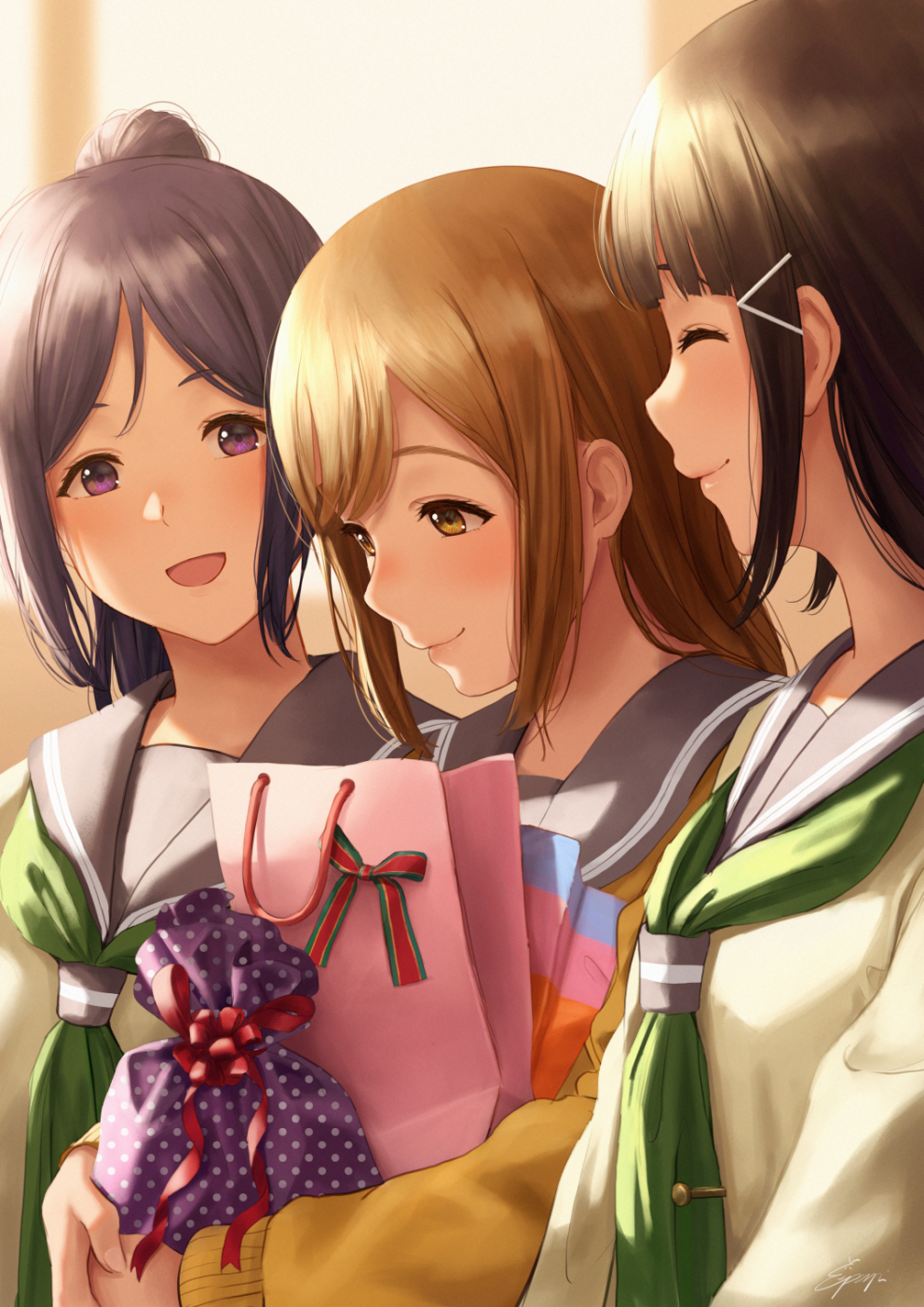 3girls :d =d azalea_(love_live!) bangs birthday black_hair blue_hair blush box closed_eyes gift gift_box green_neckwear hair_ornament hairclip happy_birthday high_ponytail highres holding holding_gift kunikida_hanamaru kurosawa_ruby light_brown_hair long_hair love_live! love_live!_sunshine!! matsuura_kanan multiple_girls neckerchief open_mouth papi_(papiron100) purple_eyes sailor_collar school_uniform sidelocks signature smile sunset sweater upper_body yellow_eyes yellow_sweater