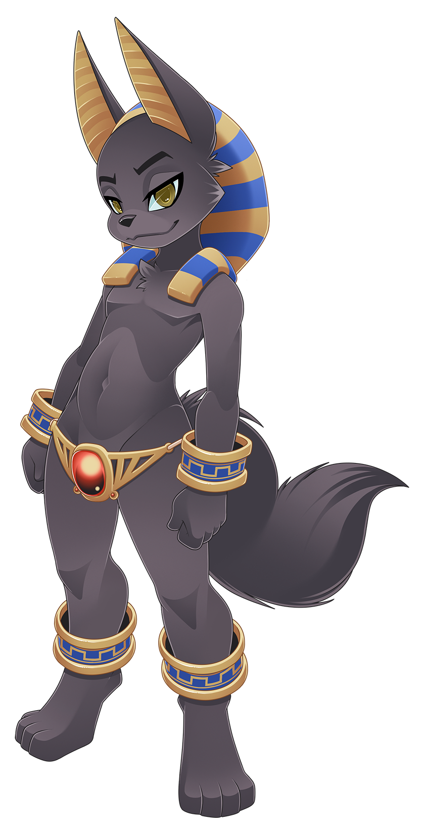 anthro anubian_jackal anubis anubis_and_the_buried_bone b-ern black_body black_fur canid canine canis clothed clothing deity egyptian egyptian_mythology fur headdress jackal jewelry looking_at_viewer male mammal middle_eastern_mythology mythology simple_background smile solo standing young