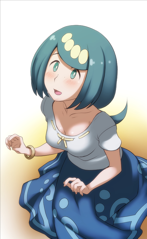 1girl blue_eyes blue_hair blush breasts cleavage collarbone dress e_keroron freckles long_hair open_mouth pokemon pokemon_(anime) pokemon_sm_(anime) smile solo suiren's_mother_(pokemon)