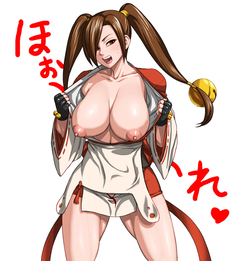 1girl areolae bell black_gloves bouningen breasts breasts_outside brown_eyes brown_hair cleavage commentary_request gloves hair_bell hair_ornament hair_over_one_eye japanese_clothes jingle_bell kagura_(tenchu) kimono large_breasts long_hair ninja no_bra obi open_clothes open_kimono open_mouth pelvic_curtain puffy_nipples sailor_collar sash short_kimono solo sweatdrop tenchuu thick_thighs thighs twintails