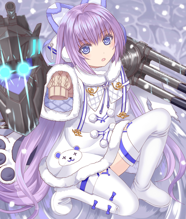 1girl azur_lane bangs blue_bow blue_eyes blush boots bow brown_sweater commentary_request dress eyebrows_visible_through_hair fur-trimmed_dress fur-trimmed_sleeves fur_trim glowing glowing_eyes hair_between_eyes long_hair long_sleeves looking_at_viewer one_knee parted_lips purple_hair sleeves_past_fingers sleeves_past_wrists snowing solo sweater tashkent_(azur_lane) thigh_boots thighhighs tsukino_neru very_long_hair white_dress white_footwear white_legwear wide_sleeves