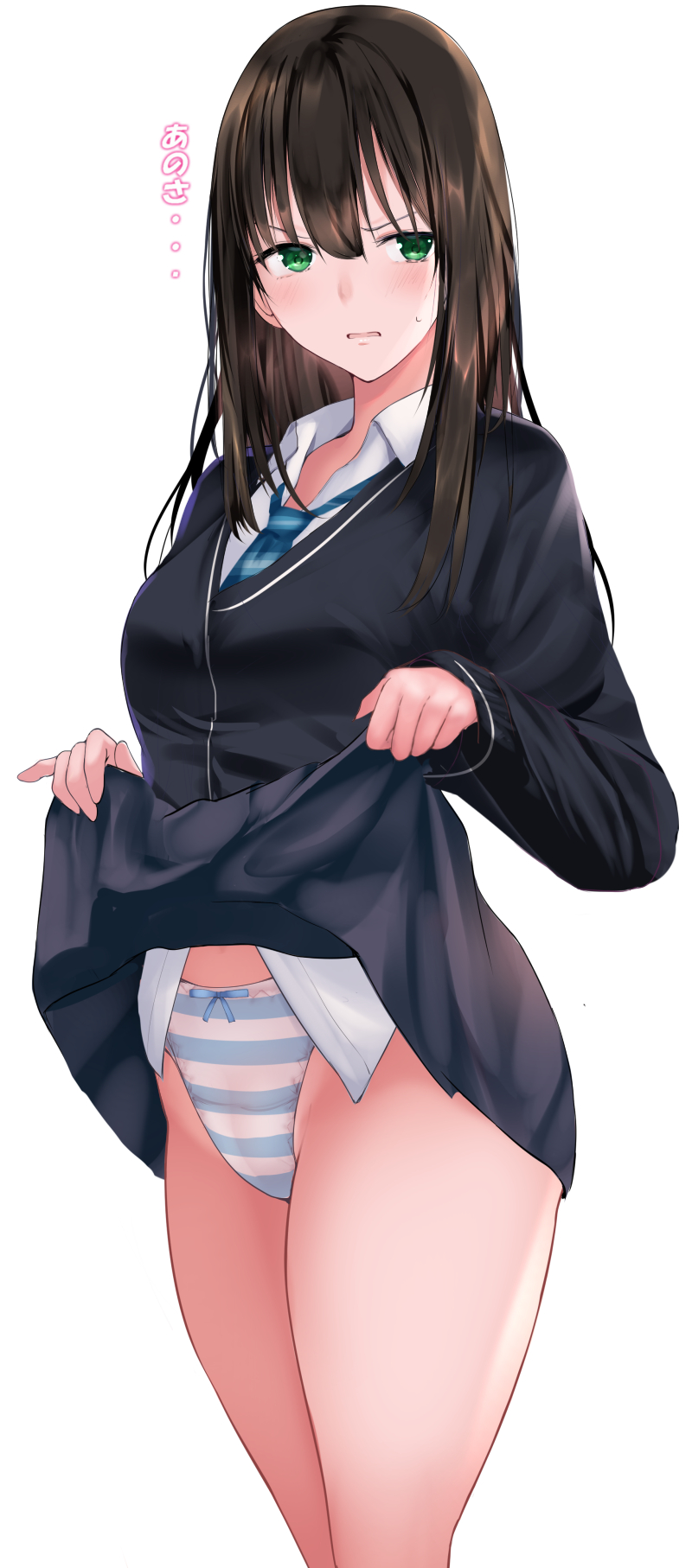 1girl bangs black_cardigan black_skirt blue_neckwear blue_panties blush breasts brown_hair collared_shirt commentary_request gorua_(youce01) green_eyes highres idolmaster idolmaster_cinderella_girls lifted_by_self long_hair long_sleeves looking_at_viewer medium_breasts necktie panties parted_lips school_uniform shibuya_rin shirt simple_background skirt skirt_lift solo standing striped striped_neckwear striped_panties sweat thighs translation_request underwear upskirt v-shaped_eyebrows white_background white_shirt