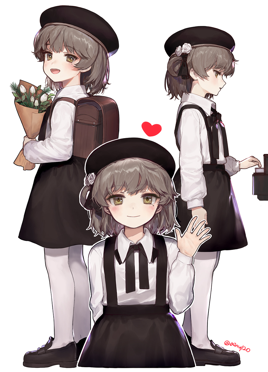 1girl ainy77 backpack bag bangs beret black_footwear black_headwear black_ribbon black_skirt blouse blush brown_eyes brown_hair collared_shirt commentary_request flower hat hatoba_tsugu hatoba_tsugu_(character) highres holding holding_flower long_sleeves looking_at_viewer mole mole_under_eye multiple_views neck_ribbon pantyhose randoseru revision ribbon shirt shoes short_hair skirt smile standing suspender_skirt suspenders virtual_youtuber white_blouse white_flower white_legwear white_shirt