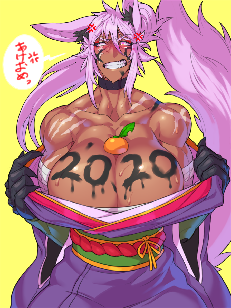 1girl 2020 anger_vein animal_ear_fluff animal_ears bandaged_arm bandages bare_shoulders bared_teeth black_gloves blush body_writing breasts cleavage collarbone commentary_request constricted_pupils dantera_rina dark_skin fingernails food fruit gloves highres huge_breasts hutago japanese_clothes kagami_mochi kimono lavender_hair long_hair long_tail mandarin_orange muscle muscular_female obi off-shoulder_kimono original pink_eyes ponytail purple_kimono sarashi sash scar scar_across_eye sharp_fingernails solo speech_bubble sweat tail translation_request wolf_ears wolf_tail yellow_background