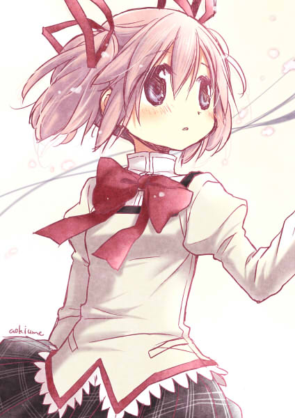1girl aoki_ume arm_at_side arm_up artist_name blush breasts commentary_request dot_nose expressionless eyebrows_visible_through_hair floating_hair hair_between_eyes hair_ribbon high_collar juliet_sleeves kaname_madoka light_particles long_sleeves looking_away looking_up mahou_shoujo_madoka_magica mitakihara_school_uniform neck_ribbon official_art parted_lips pink_hair plaid plaid_skirt pleated_skirt puffy_sleeves purple_eyes red_ribbon ribbon school_uniform shaded_face short_twintails simple_background skirt small_breasts solo twintails uniform upper_body white_background