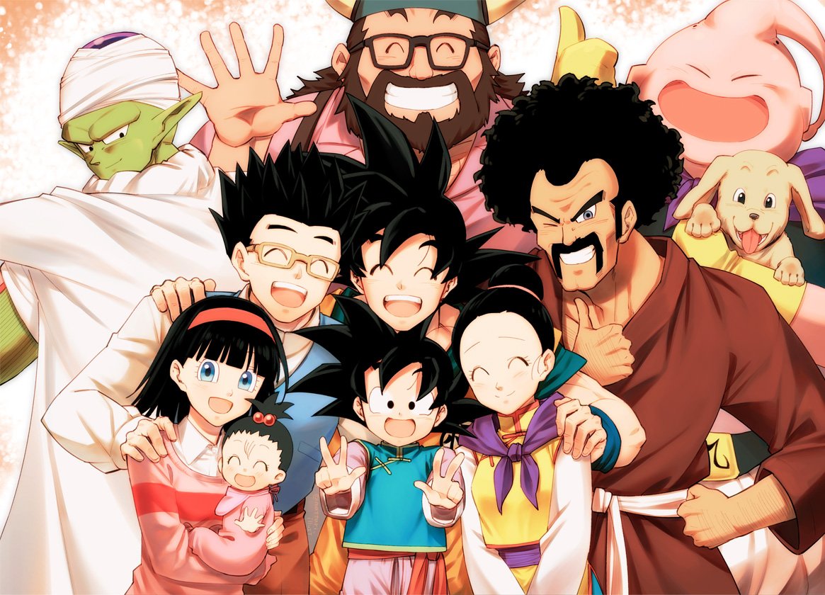 3girls 6+boys :d ;) ^_^ afro animal baby beard bee_(dragon_ball) black-framed_eyewear black_eyes black_hair blue_eyes blush brothers cape chi-chi_(dragon_ball) china_dress chinese_clothes clenched_hand clenched_teeth closed_eyes collared_shirt dog dot_nose double_v dragon_ball dragon_ball_super dress dress_shirt eyelashes facial_hair family father_and_daughter father_and_son furrowed_eyebrows glasses gloves gradient gradient_background grandfather_and_granddaughter grandmother_and_granddaughter grey_eyes gyuu_mao hair_between_eyes hair_bobbles hair_bun hair_ornament hairband hand_on_another's_shoulder hand_on_hip hand_up hat height_difference high_ponytail holding holding_animal husband_and_wife long_sleeves looking_at_another looking_at_viewer looking_back looking_down majin_buu mattari_illust medium_hair mother-in-law_and_daughter-in-law mother_and_daughter mother_and_son mr._satan multiple_boys multiple_girls mustache neckerchief one_eye_closed open_mouth orange_background pan_(dragon_ball) piccolo pink_hairband pink_shirt pink_sweater pointy_ears ponytail purple_neckwear shirt siblings simple_background smile son_gohan son_gokuu son_goten spiked_hair suspenders sweater teeth thumbs_up turban upper_teeth v v_arms videl waistcoat waving white_background white_shirt wristband yellow-framed_eyewear yellow_gloves