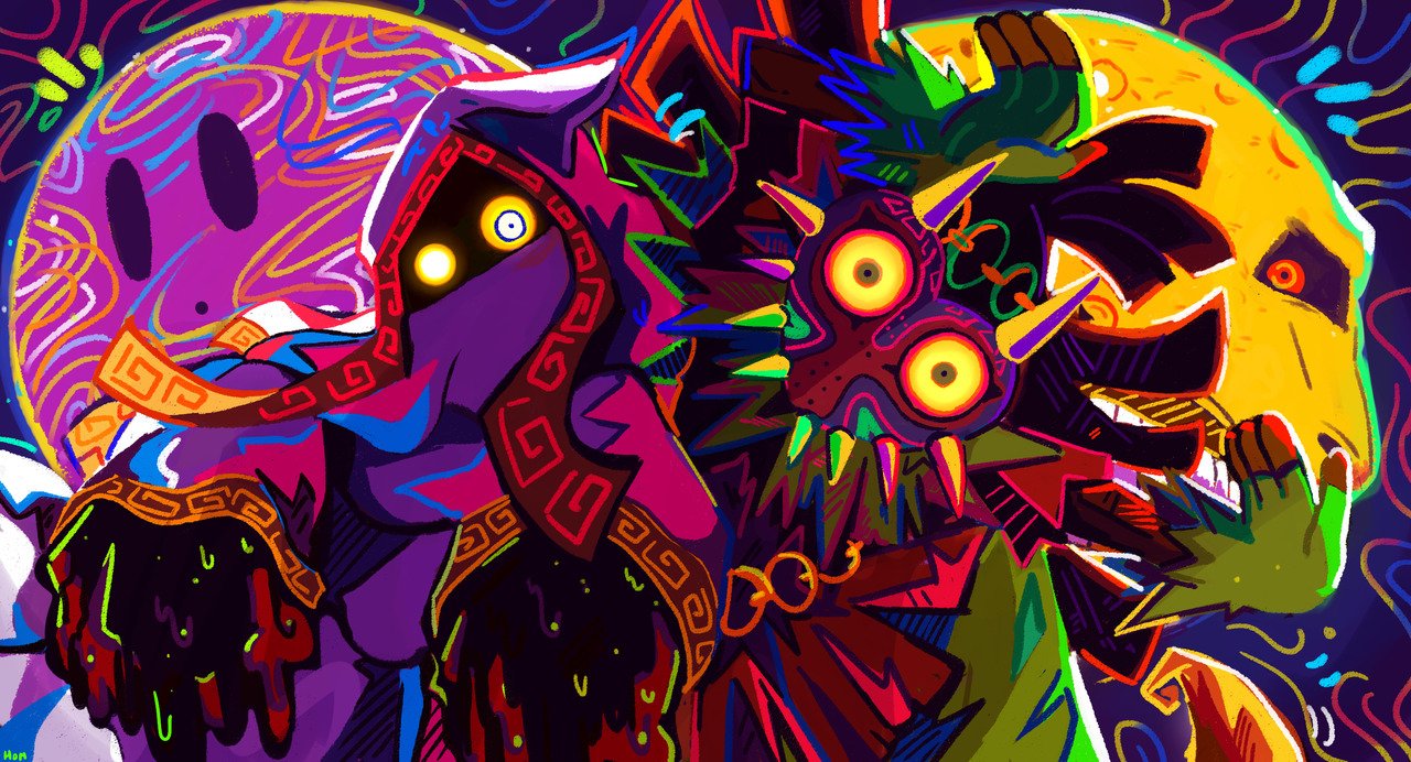 glowing glowing_eyes homriette hood hyness kirby:_star_allies kirby_(series) looking_at_viewer mask moon_(majora's_mask) pose skull_kid the_legend_of_zelda the_legend_of_zelda:_majora's_mask void_termina wide-eyed yellow_sclera