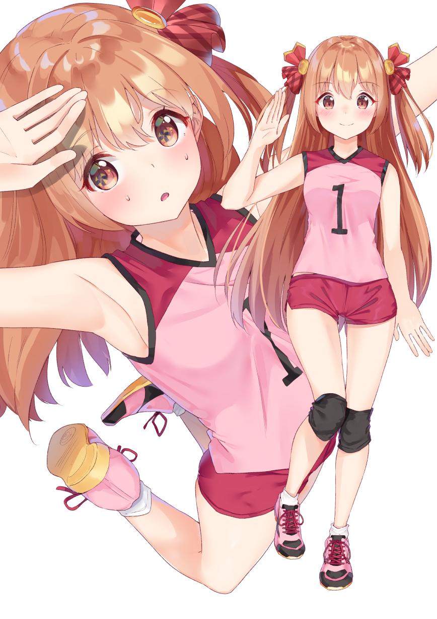 1girl arm_up armpits bangs bare_arms bare_shoulders blush breasts brown_eyes brown_hair closed_mouth eyebrows_visible_through_hair hair_between_eyes hair_ribbon hand_up highres k_mugura knee_pads long_hair multiple_views parted_lips pink_footwear pink_shirt princess_connect! princess_connect!_re:dive red_ribbon red_shorts ribbon sakurai_nozomi_(princess_connect) shirt shoes short_shorts shorts simple_background sleeveless sleeveless_shirt small_breasts smile socks standing standing_on_one_leg sweat two_side_up very_long_hair white_background white_legwear