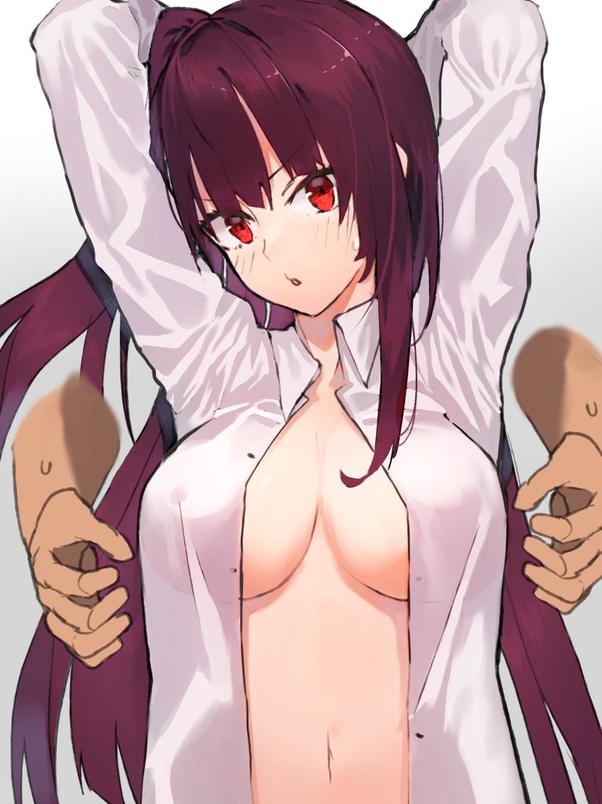 1boy 1girl arms_up bangs blush breasts commentary_request girls_frontline gradient gradient_background grey_background head_tilt kasuka_(kusuki) large_breasts long_hair long_sleeves looking_at_viewer navel one_side_up open_clothes open_shirt parted_lips purple_hair red_eyes shirt stomach upper_body very_long_hair wa2000_(girls_frontline) white_shirt
