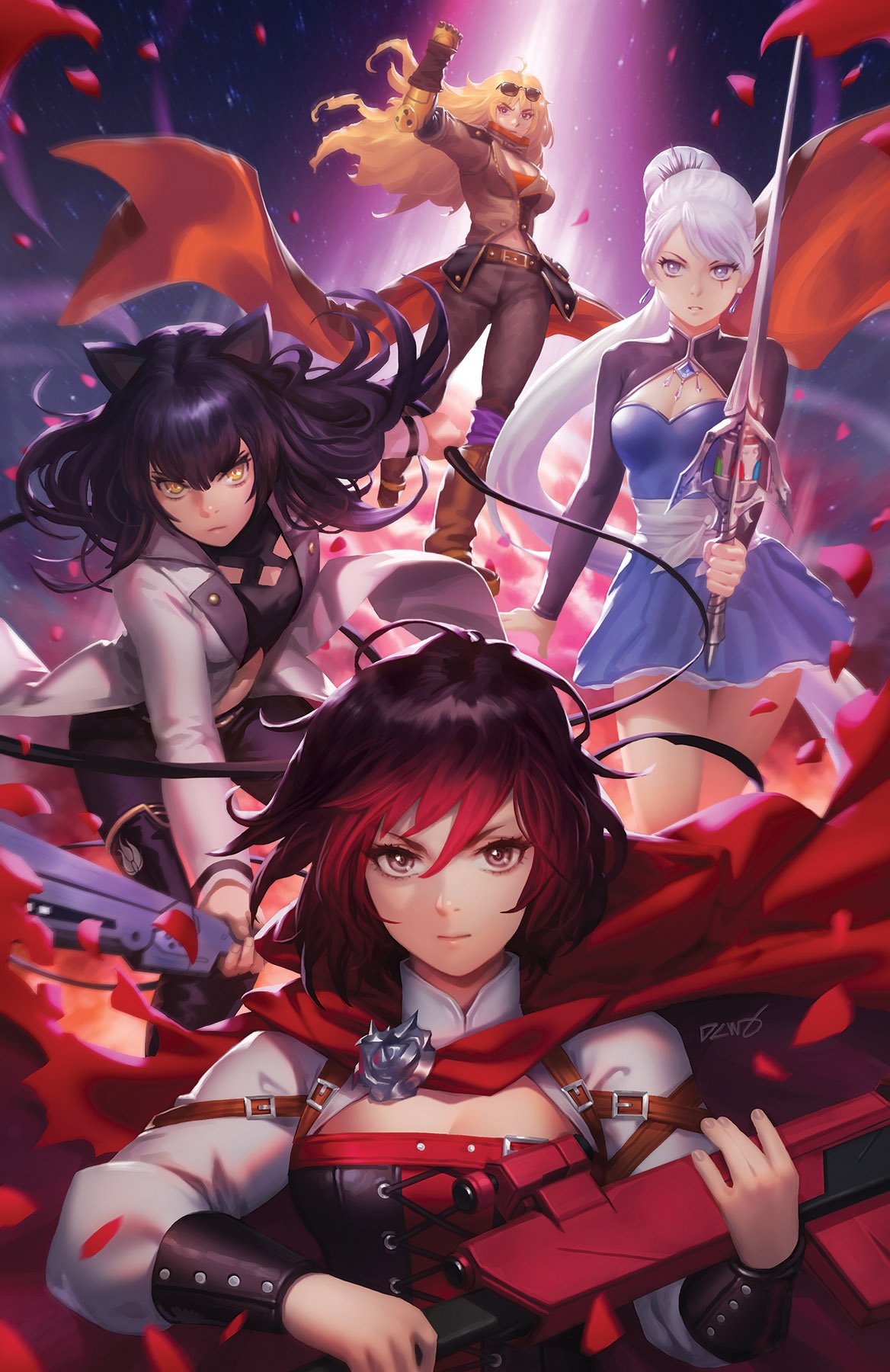 4girls ahoge animal_ears black_hair blake_belladonna blonde_hair blue_dress blue_eyes breasts cape cat_ears cleavage clenched_hand commentary corset crescent_rose dcwj dress ember_celica_(rwby) english_commentary eyewear_on_head flower gambol_shroud gradient_hair gun highres holding holding_weapon jacket large_breasts left-handed long_hair medium_breasts multicolored_hair multiple_girls myrtenaster official_art petals ponytail prosthesis prosthetic_arm purple_eyes rapier red_cape red_hair ribbon rose rose_petals ruby_rose rwby scar scar_across_eye short_hair shrug_(clothing) silver_eyes sunglasses sword two-tone_hair weapon weiss_schnee white_hair white_jacket yang_xiao_long yellow_eyes