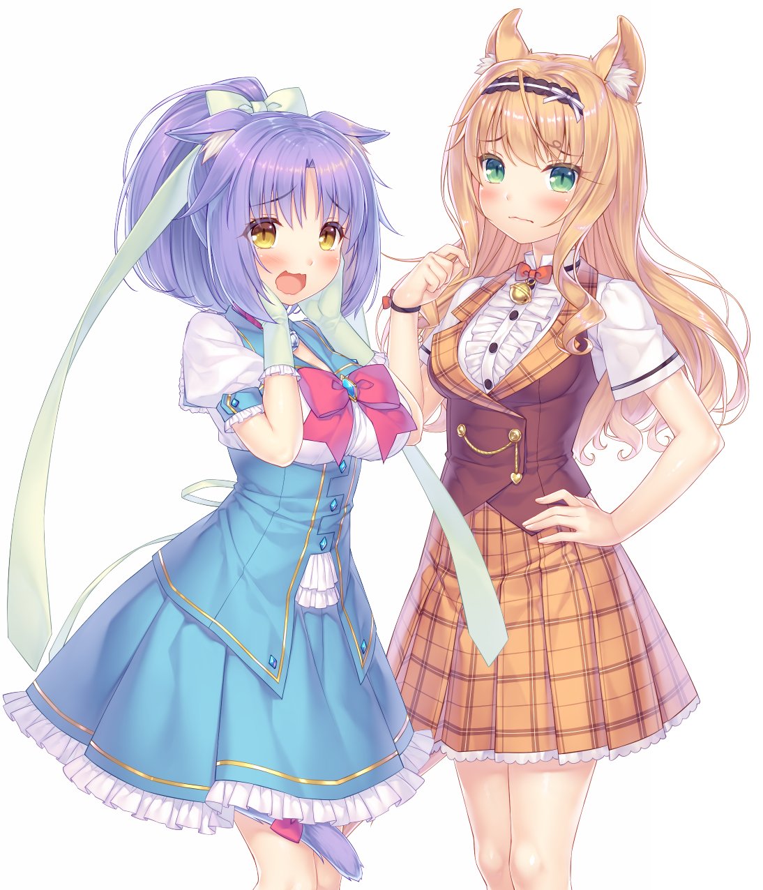 2girls :d animal_ear_fluff animal_ears bell blonde_hair blush bow cat_ears cat_girl center_frills cinnamon_(sayori) commentary_request curly_hair eyebrows_visible_through_hair frilled_skirt frills gloves green_eyes hair_ribbon hand_on_hip hands_on_own_cheeks hands_on_own_face highres jingle_bell long_hair maple_(sayori) multiple_girls neck_bell nekopara official_art open_mouth plaid plaid_skirt ponytail puffy_short_sleeves puffy_sleeves purple_hair ribbon sayori short_hair short_sleeves sidelocks simple_background skirt slit_pupils smile tail tail_bow wavy_mouth white_background yellow_eyes