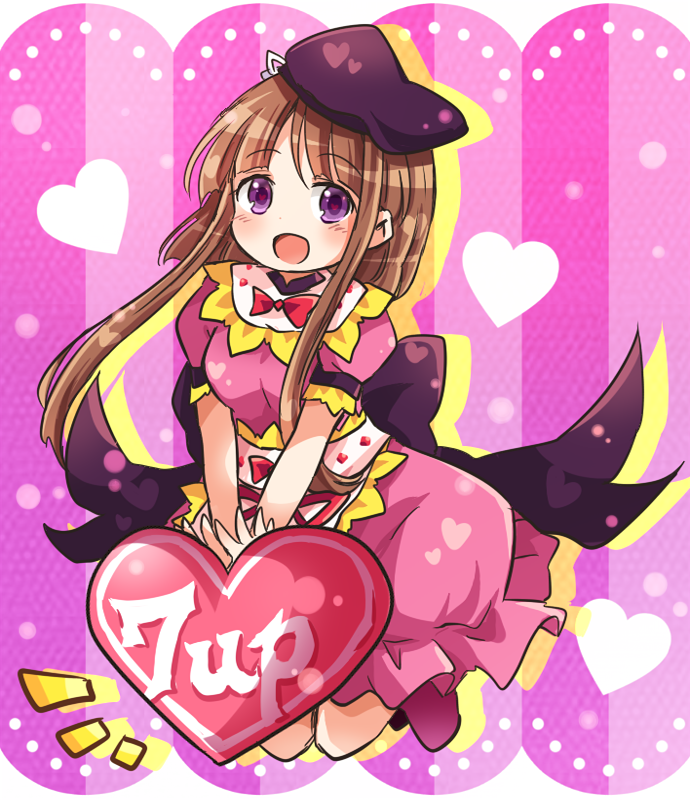 1girl 1up back_bow black_bow black_headwear bow bowtie brown_hair dress frilled_dress frills full_body hat heart heart-shaped_pupils kneeling looking_at_viewer nishida_satono notice_lines open_mouth pink_background pink_dress pote_(ptkan) power-up purple_eyes red_neckwear short_hair_with_long_locks short_sleeves solo striped striped_background symbol-shaped_pupils tate_eboshi touhou vertical-striped_background vertical_stripes