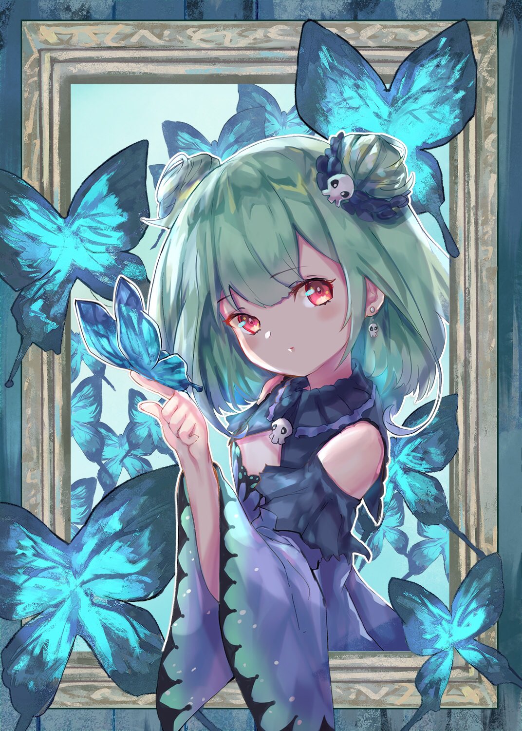 1girl bug butterfly detached_sleeves double_bun earrings eyebrows_visible_through_hair frame gradient_hair green_hair hair_ornament highres hololive insect jewelry multicolored_hair red_eyes shin_murasame skull_earrings skull_hair_ornament solo upper_body uruha_rushia virtual_youtuber