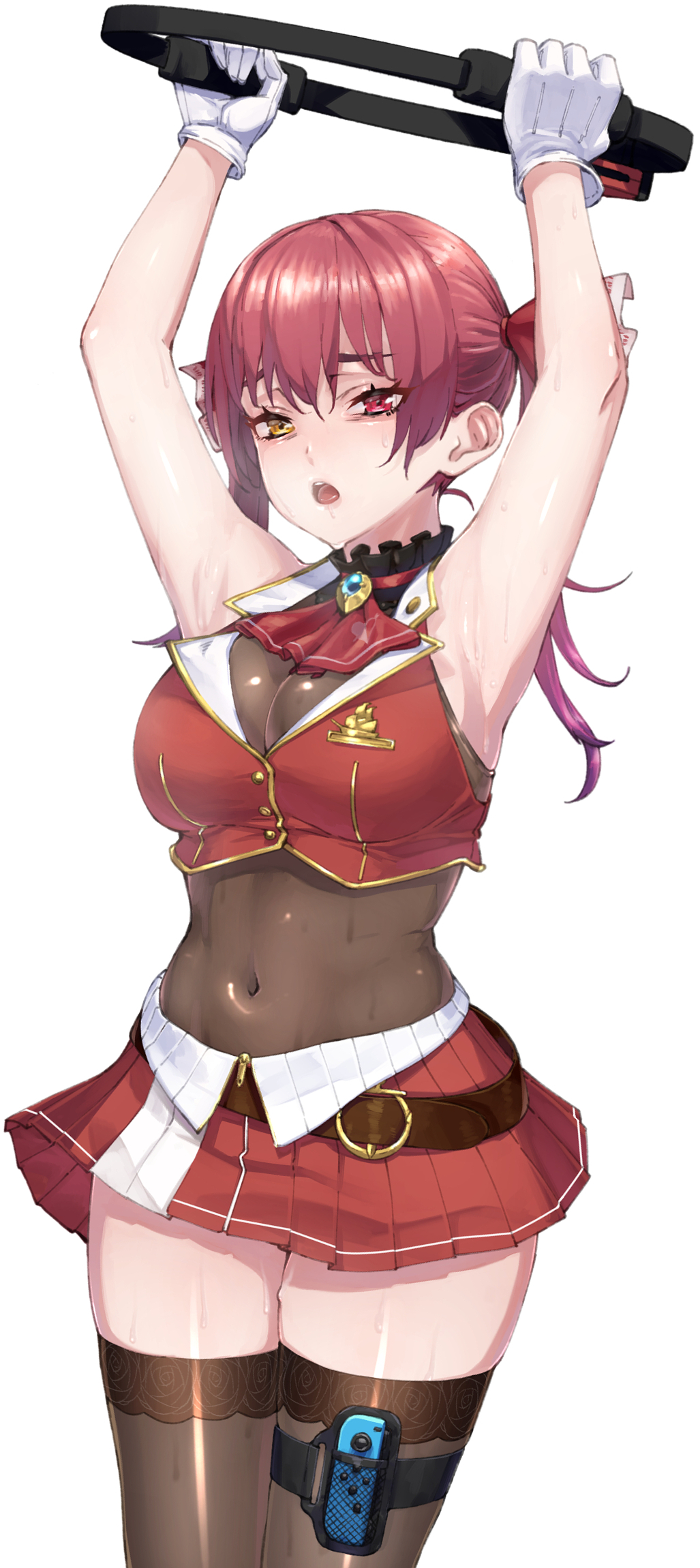 1girl armpits arms_up bags_under_eyes belt bodysuit_under_clothes breasts breath brown_legwear carrying_overhead cleavage collar controller covered_navel cowboy_shot exhausted floral_print frilled_collar frills gloves gradient_hair hair_ribbon heterochromia highres hololive houshou_marine jewelry large_breasts looking_at_viewer midriff miniskirt multicolored_hair neckerchief nintendo_switch no_hat no_headwear open_mouth oshiruko_(oshiruco_212048) pendant pleated_skirt purple_hair red_eyes red_hair red_neckwear red_skirt ribbon ring_fit_adventure rose_print simple_background skin_tight skirt sleeveless solo sweat thigh_strap thighhighs thighs twintails two-tone_hair virtual_youtuber white_background white_gloves yellow_eyes zettai_ryouiki