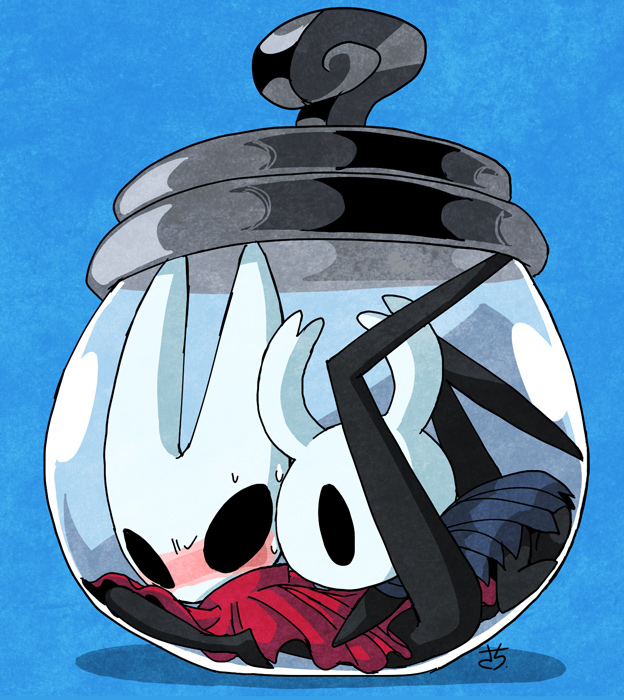 1girl 1other blue_background blush cloak cramped encasement hollow_eyes hollow_knight hornet_(hollow_knight) horns in_container jar knight_(hollow_knight) looking_at_another lying no_humans red_cloak sachy_(sachichy) signature simple_background sitting sweatdrop
