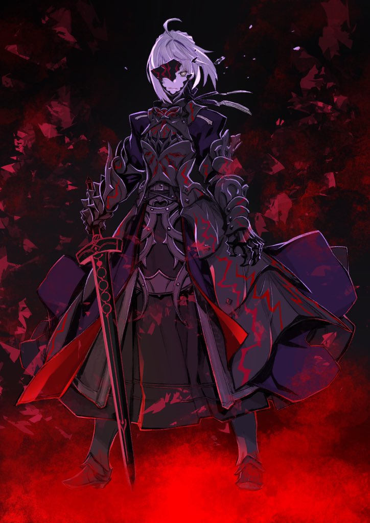 1girl adapted_costume armor armored_dress artoria_pendragon_(all) black_armor broken_armor clawed_gauntlets claws dark_excalibur dark_persona fate/stay_night fate_(series) faulds gauntlets holding holding_sword holding_weapon miwa_shirou one_eye_covered pale_skin saber_alter solo sword visor weapon white_hair yellow_eyes