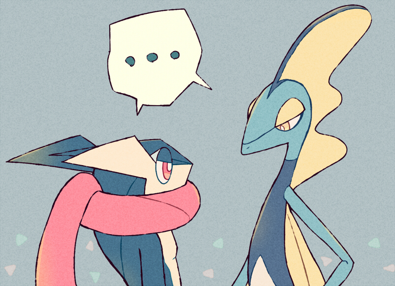 ... creature gen_6_pokemon gen_8_pokemon greninja grey_background inteleon no_humans pokemon pokemon_(creature) shiwo_(siwosi) simple_background spoken_ellipsis upper_body