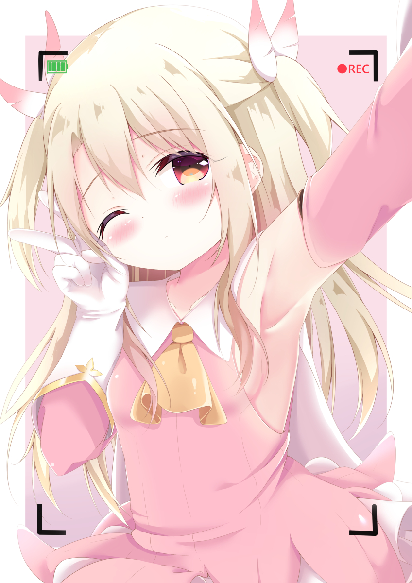 1girl armpits ascot bangs blush bow breasts brown_neckwear closed_mouth commentary_request detached_sleeves dress eyebrows_visible_through_hair fate/kaleid_liner_prisma_illya fate_(series) feathers gloves hair_between_eyes hair_feathers hand_up highres illyasviel_von_einzbern kittipat_jituatakul light_brown_hair long_hair long_sleeves one_eye_closed outstretched_arm pink_bow pink_dress pink_sleeves reaching_out recording red_eyes sideboob small_breasts solo two-tone_background two_side_up v very_long_hair white_background white_feathers white_gloves