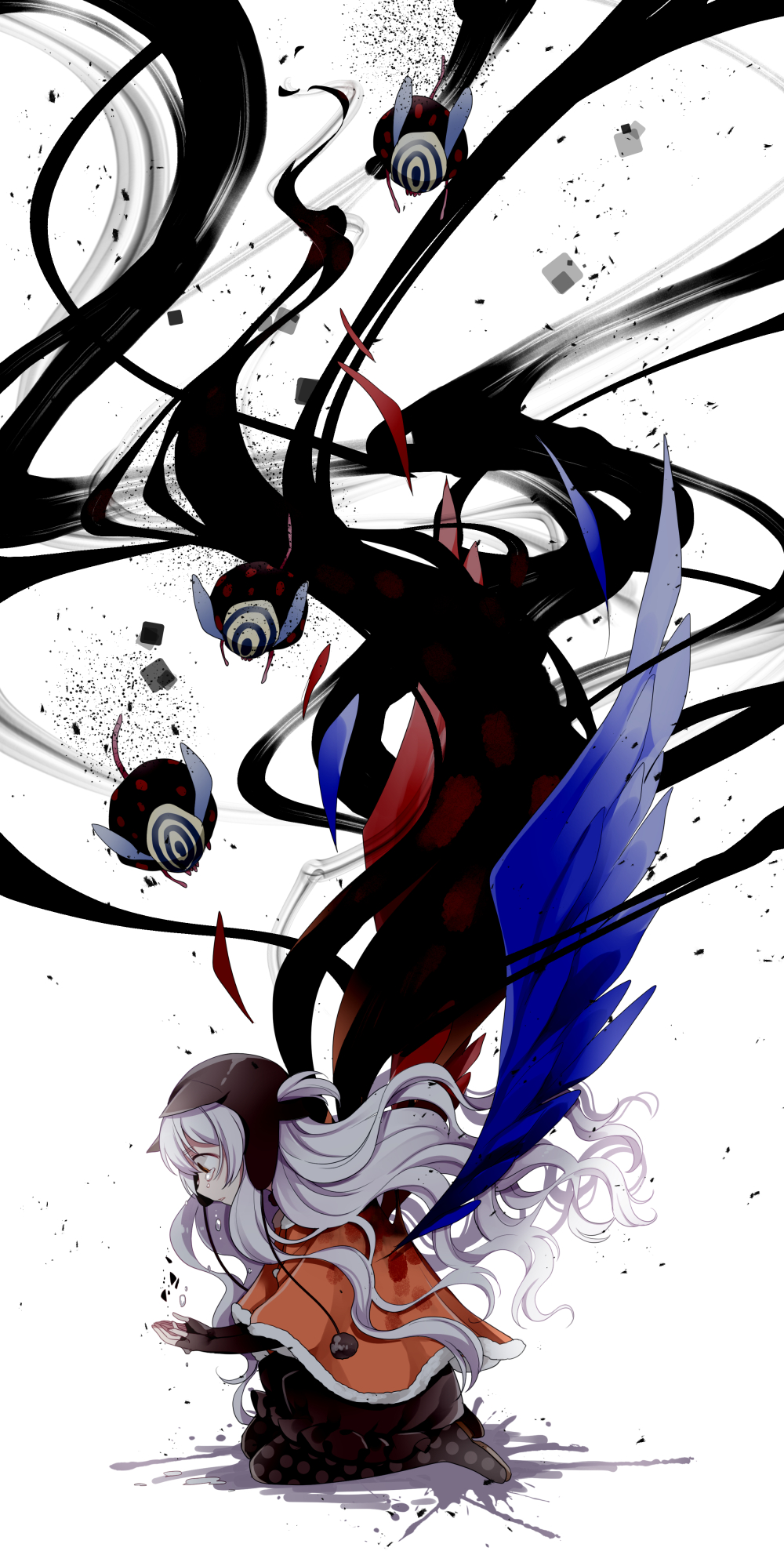 1girl ashes ayumaru_(art_of_life) beanie black_gloves black_headwear black_legwear black_skirt bubble_skirt capelet charlotte_(madoka_magica) child corruption crying crying_with_eyes_open cupping_hands curly_hair eyebrows_visible_through_hair familiar_(madoka_magica) feathered_wings feathers fingerless_gloves floating_hair frilled_skirt frills from_side fur-trimmed_capelet fur_trim gloves hat highres long_hair looking_down mahou_shoujo_madoka_magica mahou_shoujo_madoka_magica_movie momoe_nagisa pantyhose polka_dot polka_dot_legwear pom_pom_(clothes) profile pyotr_(madoka_magica) sad shaded_face simple_background sitting skirt solo tears very_long_hair white_background white_hair wide-eyed wide_shot wings