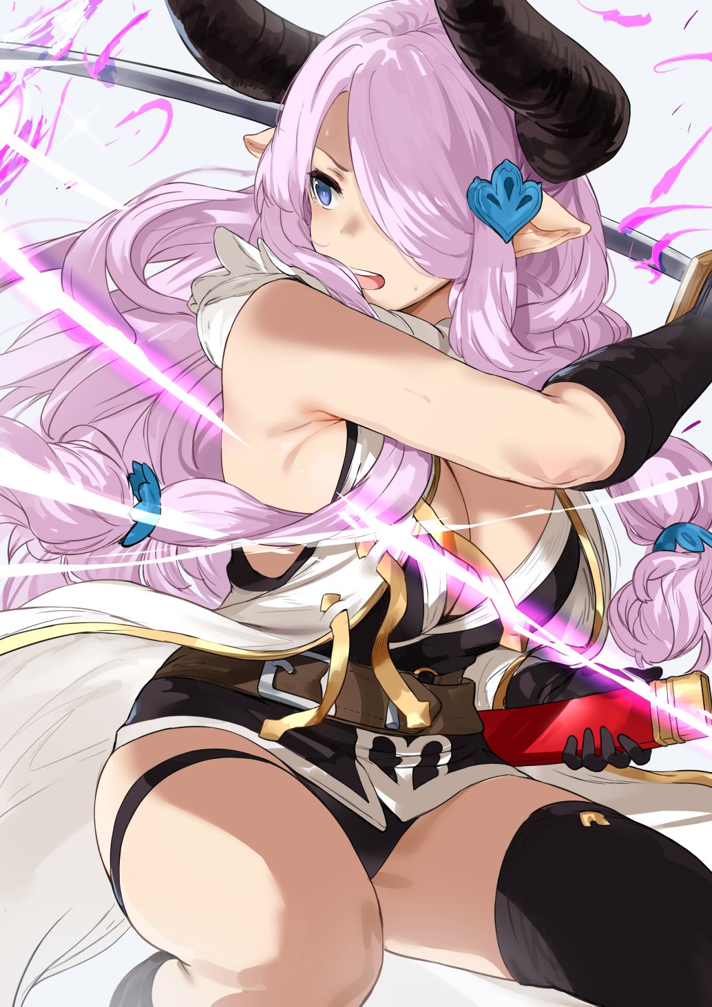 1girl asymmetrical_gloves bangs bare_shoulders black_dress black_footwear black_gloves black_legwear black_panties blue_eyes braid breasts cleavage draph dress elbow_gloves gloves granblue_fantasy hair_ornament hair_over_one_eye hews_hack highres horns katana large_breasts lavender_hair long_hair low_tied_hair narmaya_(granblue_fantasy) open_clothes open_mouth open_vest panties pointy_ears sheath short_dress single_braid single_thighhigh solo sword thigh_strap thighhighs thighs underwear vest weapon white_vest