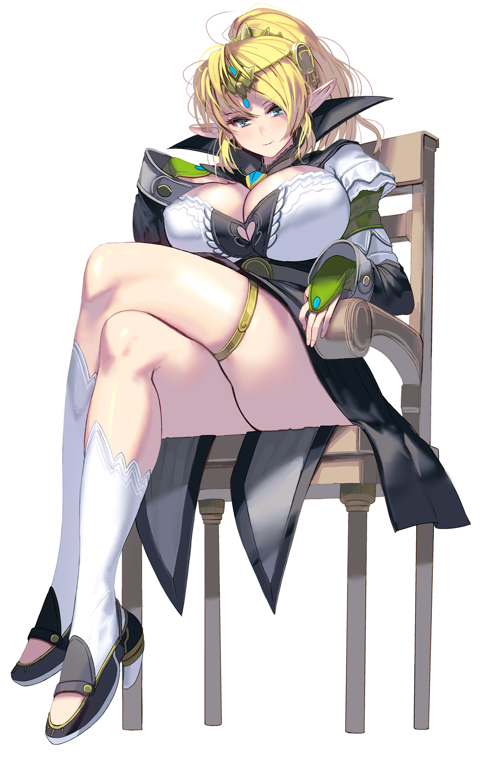 1girl blonde_hair blue_eyes breasts bridal_gauntlets chair circlet cleavage commentary_request covered_nipples crossed_legs elf forehead_jewel highres huge_breasts legs long_hair looking_at_viewer masao original pointy_ears ponytail pumps revision sitting smile solo thigh_strap thighs
