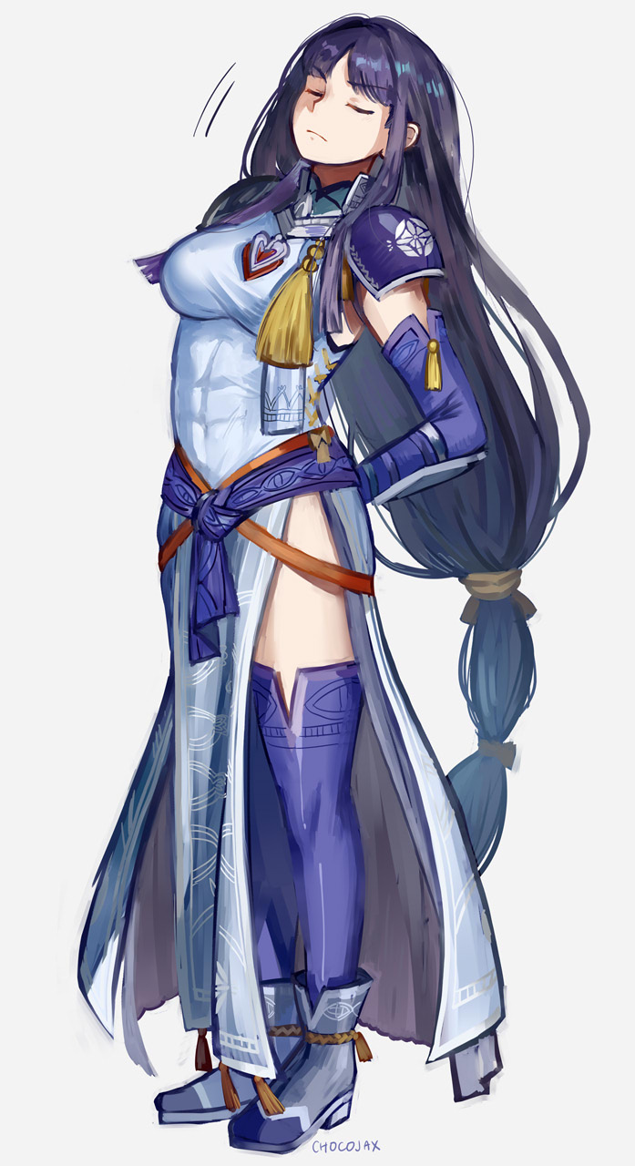 1girl abs altina arm_guards artist_name blue_dress blue_gloves blue_hair blue_legwear boots breasts chocojax closed_eyes covered_navel dress elbow_gloves fire_emblem fire_emblem:_radiant_dawn fire_emblem_heroes gloves grey_background highres long_hair medium_breasts pelvic_curtain shoulder_armor simple_background solo standing thighhighs very_long_hair zettai_ryouiki