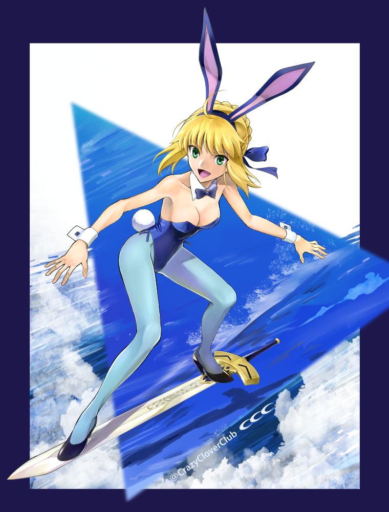 1girl ahoge animal_ears artoria_pendragon_(all) bangs bare_shoulders blonde_hair blue_footwear blue_legwear blue_leotard blue_ribbon bow bowtie braid breasts bunny_ears bunny_tail bunnysuit cleavage collarbone detached_collar excalibur fate/stay_night fate_(series) french_braid green_eyes hair_between_eyes hair_ribbon high_heels highleg highleg_leotard large_breasts leotard long_hair looking_at_viewer medium_breasts open_mouth pantyhose ribbon saber shirotsumekusa sidelocks smile solo strapless strapless_leotard surfing sword tail weapon wrist_cuffs