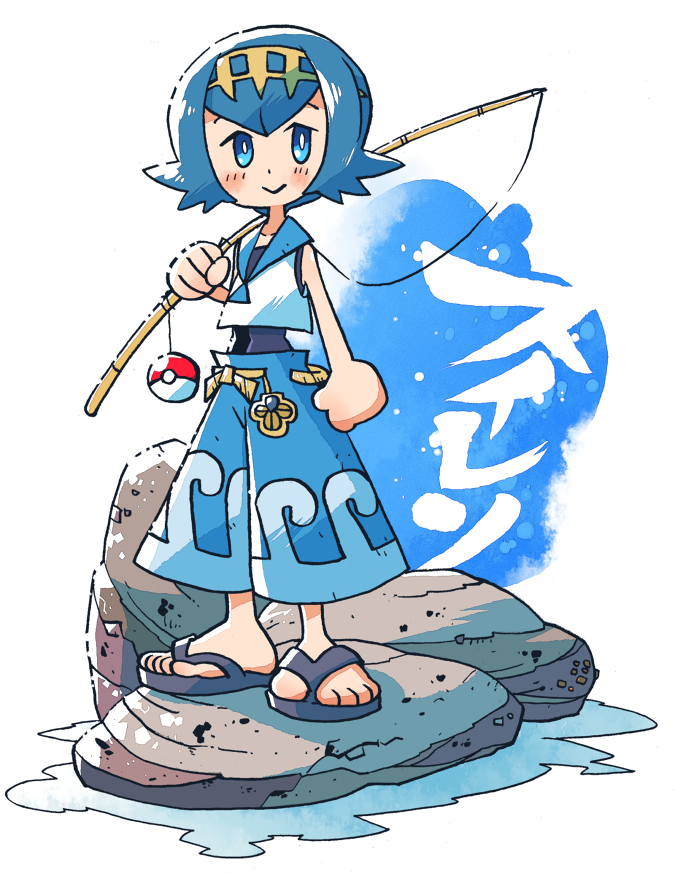 1girl :&gt; blue_eyes blue_hair blue_pants blue_sailor_collar blush bright_pupils character_name closed_mouth dot_nose fishing_rod full_body headband holding looking_at_viewer no_socks pants poke_ball poke_ball_(generic) pokemon pokemon_(game) pokemon_sm rariatto_(ganguri) rock sailor_collar sandals school_uniform serafuku shirt sleeveless sleeveless_shirt smile solo standing suiren_(pokemon) swimsuit swimsuit_under_clothes white_shirt