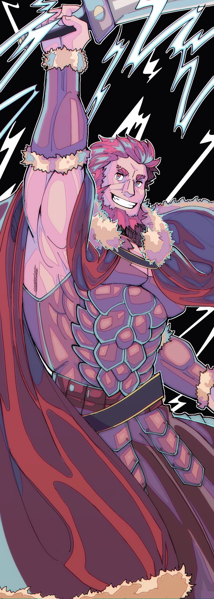 1boy abs armor armpits ba7_maru bara beard breastplate cape chest facial_hair fate/grand_order fate/zero fate_(series) fighting_stance fur fur_collar greek_clothes highres leather looking_at_viewer male_focus muscle pectorals red_hair rider_(fate/zero) simple_background skirt smile solo sword teeth weapon