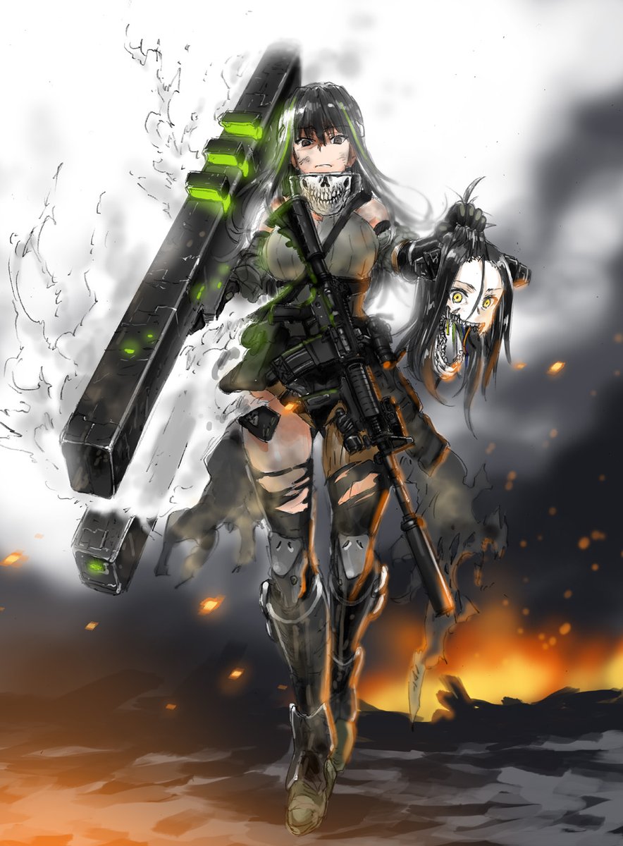 2girls assault_rifle black_hair byeontae_jagga damaged dreamer_(girls_frontline) fiery_background fire girls_frontline gun hand_in_hair head_only highres jaw_drop m4_carbine m4a1_(girls_frontline) mechanical_arm mechanical_parts mod3_(girls_frontline) multicolored_hair multiple_girls pale_skin rifle sangvis_ferri scarf smoke_trail streaked_hair suppressor teeth torn_clothes weapon wiring yellow_eyes