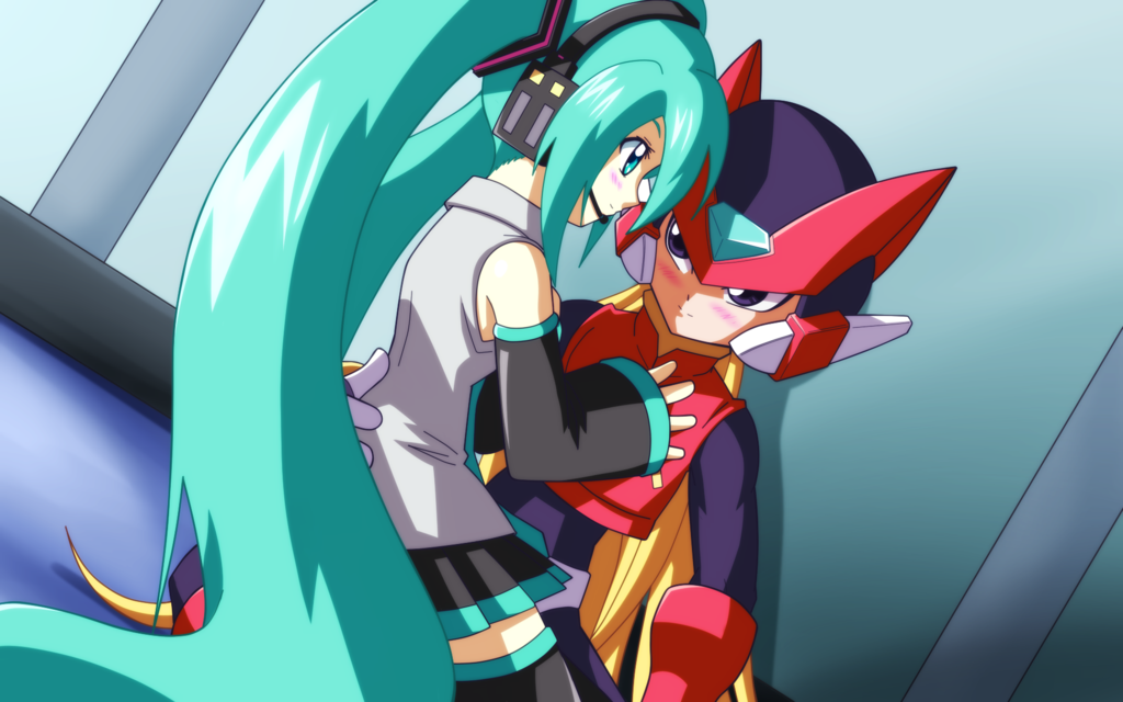 1boy 1girl android blonde_hair blue_hair blush crossover detached_sleeves hand_on_another's_chest hatsune_miku headphone helmet long_hair miniskirt rockman rockman_zero sitting skirt thighhighs twintails very_long_hair vocaloid zerosaber621 zettai_ryouiki