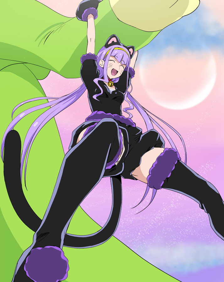 1girl :d ^_^ animal_ears arms_up bangs bell bell_choker black_gloves black_legwear cat_ears cat_tail choker closed_eyes eyebrows_visible_through_hair eyes_closed fake_animal_ears gloves hairband happy haruyama_kazunori hugtto!_precure lavender_hair long_hair low_twintails open_mouth precure red_choker ruru_amour short_sleeves smile solo tail thighhighs twintails whisker_markings yellow_hairband