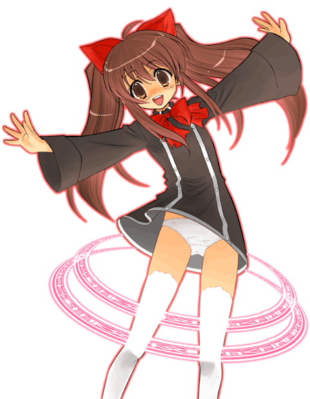 :d aloe_(quiz_magic_academy) animal_ears black_dress blush bow bowtie brown_eyes brown_hair cat_ears dress kekocha leaning_to_the_side long_hair magic_circle open_mouth outstretched_arms panties quiz_magic_academy smile solo spread_arms standing thighhighs transparent_background twintails underwear white_legwear white_panties