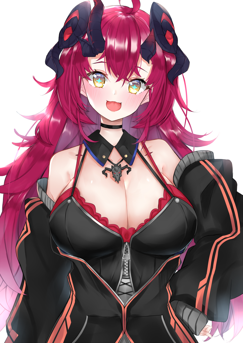 1girl ahoge bangs bare_shoulders blush breasts choker cleavage curled_horns demon_horns eyebrows_visible_through_hair hair_between_eyes highres horns large_breasts long_hair looking_at_viewer magrona magrona_channel nemun_(tamizzz) red_hair simple_background smile solo symbol-shaped_pupils very_long_hair virtual_youtuber white_background yellow_eyes