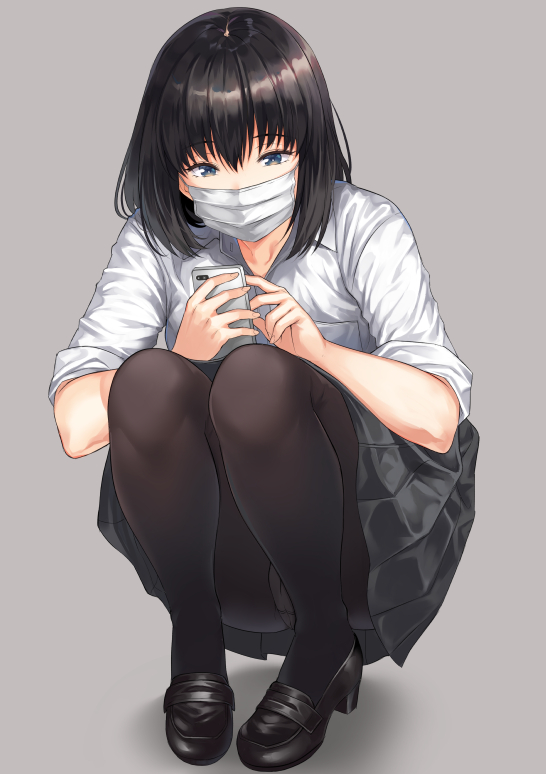 1girl ameno_shigure bangs black_footwear black_hair black_legwear black_skirt blue_eyes breast_pocket cellphone collared_shirt covered_mouth dress_shirt eyebrows_visible_through_hair full_body grey_background holding holding_phone loafers long_hair looking_at_phone mask miniskirt mouth_mask original panties panties_under_pantyhose pantyhose pantyshot pantyshot_(squatting) phone pleated_skirt pocket school_uniform shirt shoes short_sleeves simple_background skirt smartphone solo squatting surgical_mask underwear upskirt wing_collar